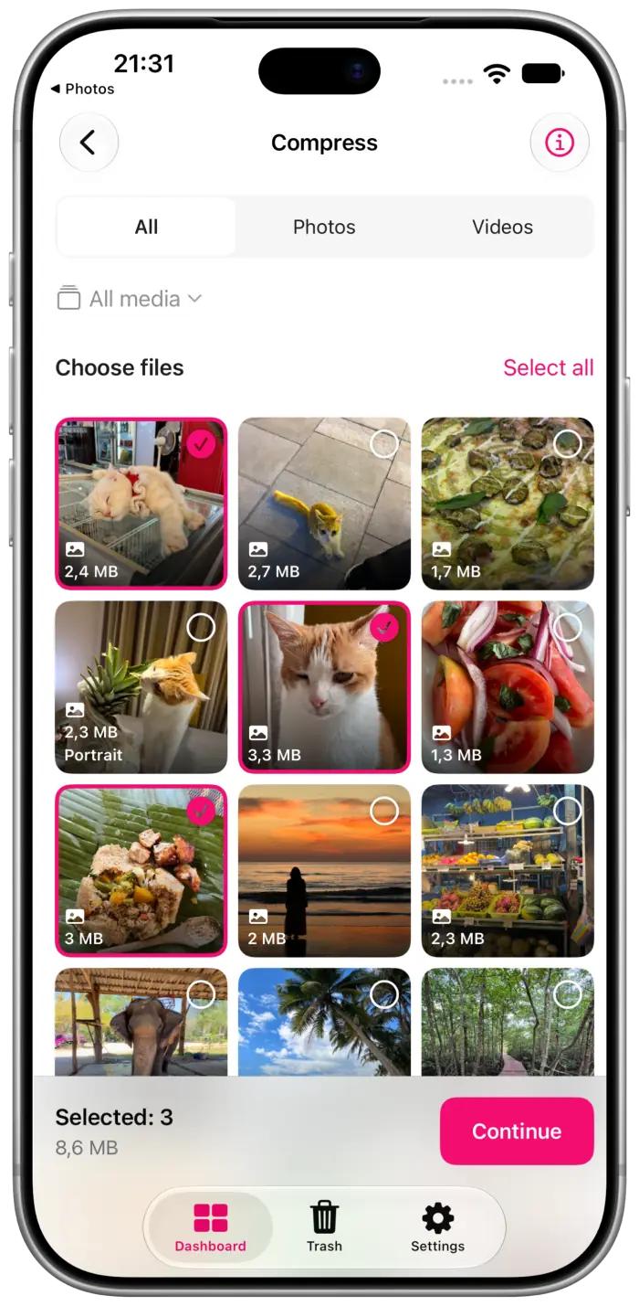PicVore compression screen with photos selected for compression